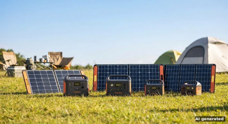 Symbolbild: vier Powerstations vor aufgeklappten Faltsolarpanels auf einer Wiese am Zeltplatz