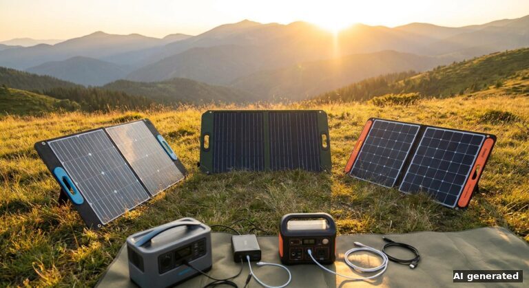 Symbolbild: drei aufgeklappte Faltsolarpanels auf einer Bergwiese bei Sonnenuntergang, davor zwei Powerstations auf einer Decke