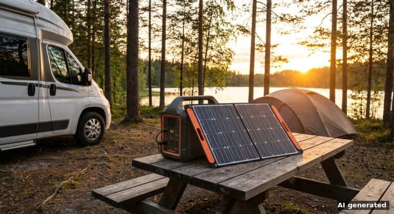 Symbolbild: Powerstation mit aufgeklapptem Solarpanel auf einem Picknicktisch im Wald neben einem Campervan bei Sonnenuntergang
