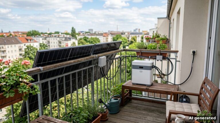 Symbolbild: zwei Solarmodule am Balkongeländer einer Stadtwohnung, daneben ein weißer Batteriespeicher auf einem Holztisch