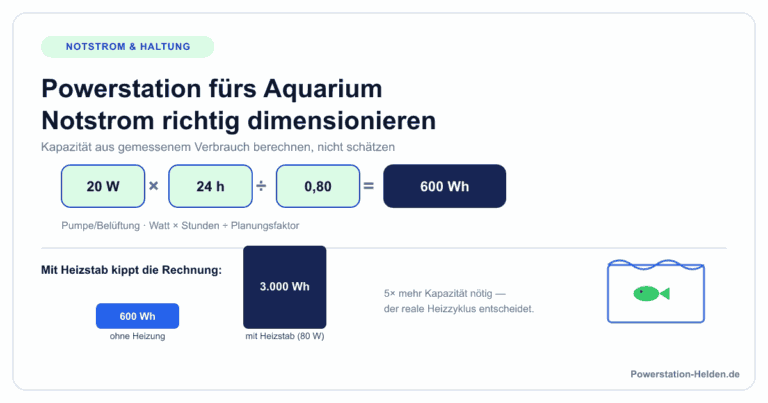 Formel zur Berechnung der Powerstation-Kapazität fürs Aquarium: Watt mal Stunden geteilt durch Planungsfaktor gleich Wattstunden