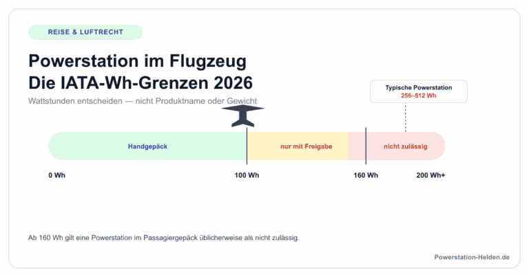 Grafik der IATA-Wattstunden-Grenzen für Powerstations im Flugzeug: bis 100 Wh Handgepäck, 100 bis 160 Wh nur mit Freigabe, über 160 Wh nicht zulässig