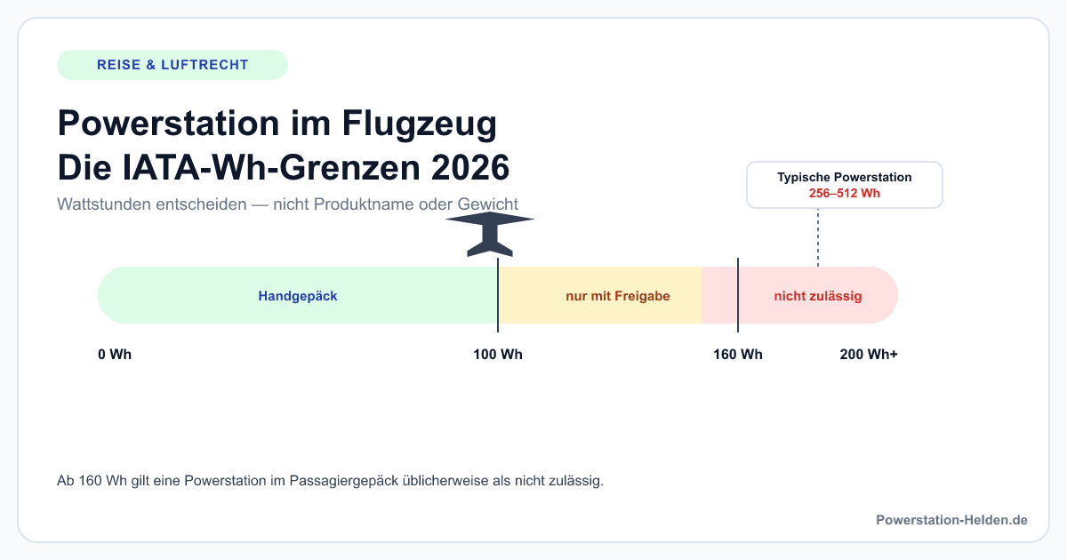 Grafik der IATA-Wattstunden-Grenzen für Powerstations im Flugzeug: bis 100 Wh Handgepäck, 100 bis 160 Wh nur mit Freigabe, über 160 Wh nicht zulässig