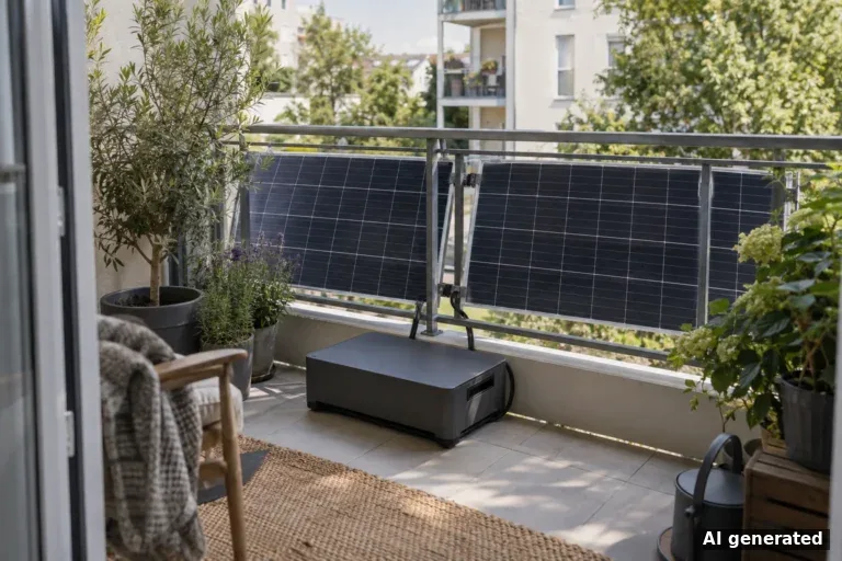 Symbolbild: Solarmodule am Balkongeländer, darunter ein Batteriespeicher ohne Beschriftung