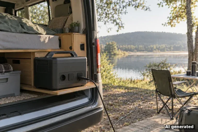 Symbolbild: tragbare Powerstation im geöffneten Heck eines Campervans