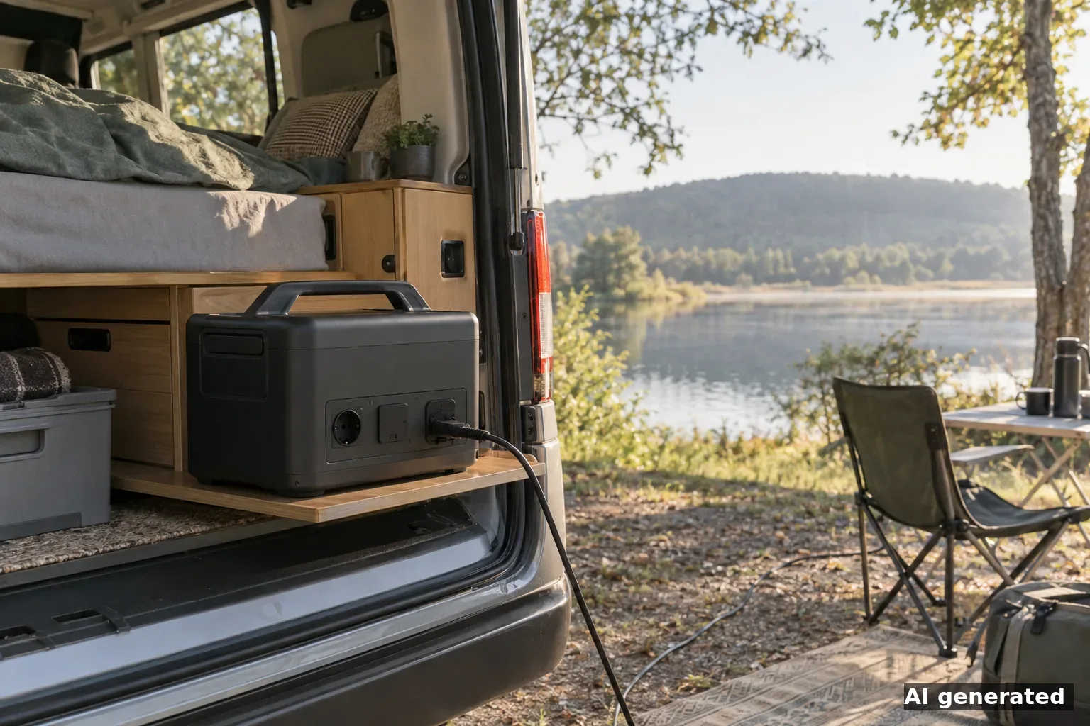 Symbolbild: tragbare Powerstation im geöffneten Heck eines Campervans