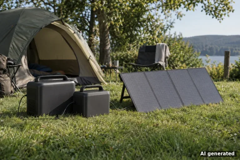 Symbolbild: zwei tragbare Powerstations und ein aufgeklapptes Faltsolarmodul vor einem Zelt
