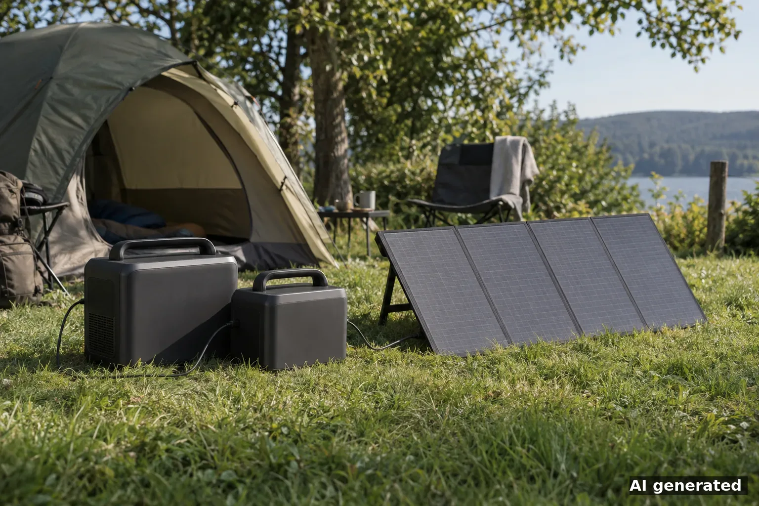Symbolbild: zwei tragbare Powerstations und ein aufgeklapptes Faltsolarmodul vor einem Zelt