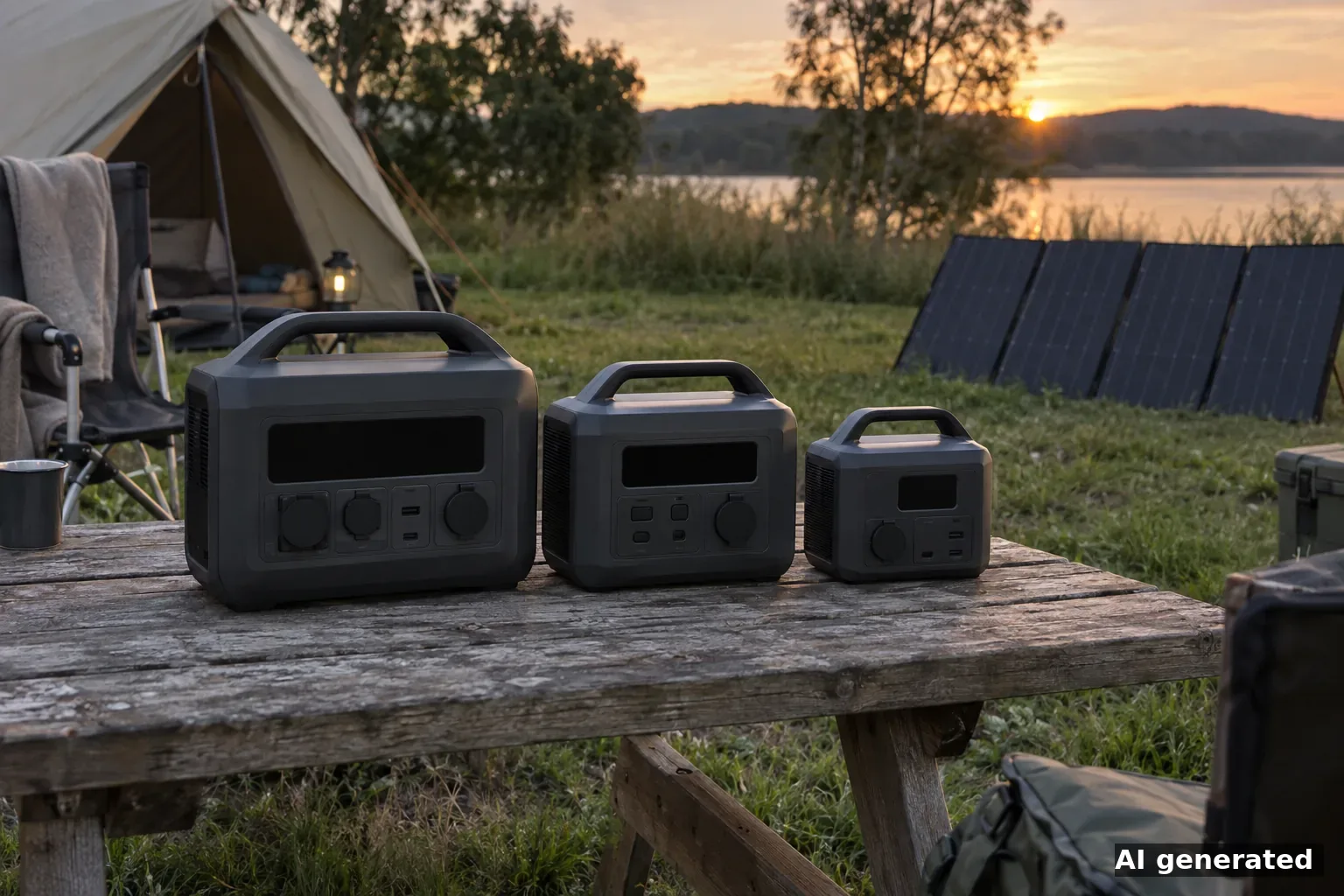 Symbolbild: drei tragbare Powerstations ohne Markenschriftzug auf einem Campingtisch