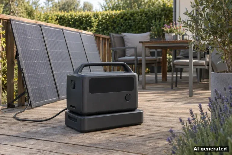 Symbolbild: kompakte Powerstation mit Zusatzakku auf einer Gartenterrasse