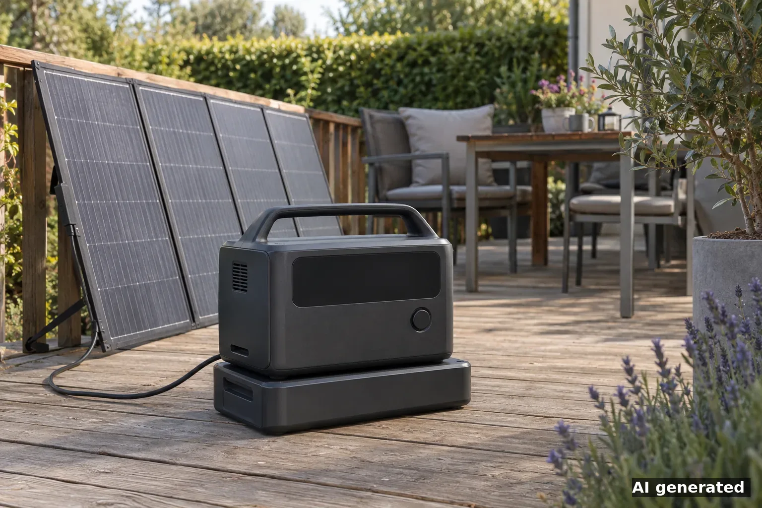 Symbolbild: kompakte Powerstation mit Zusatzakku auf einer Gartenterrasse